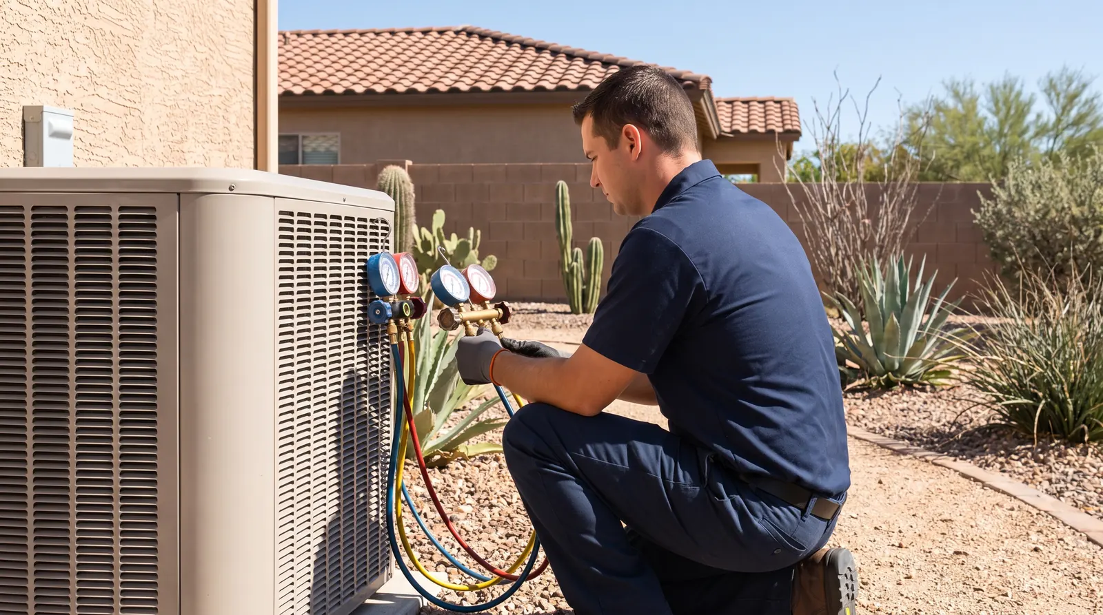 Technician servicing an outdoor AC unit