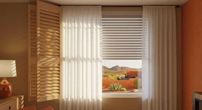 Window with thermal curtains and solar shades to reduce summer heat gain