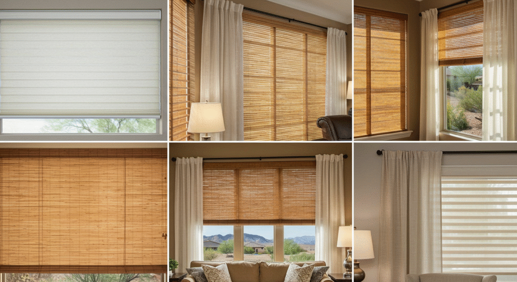 Various window coverings including thermal curtains and solar shades in a cozy living space, designed to reduce summer heat gain and enhance energy efficiency.