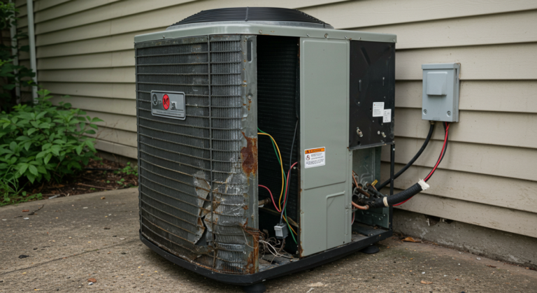 Old and rusted HVAC unit outside a house, showing exposed wires and visible signs of damage