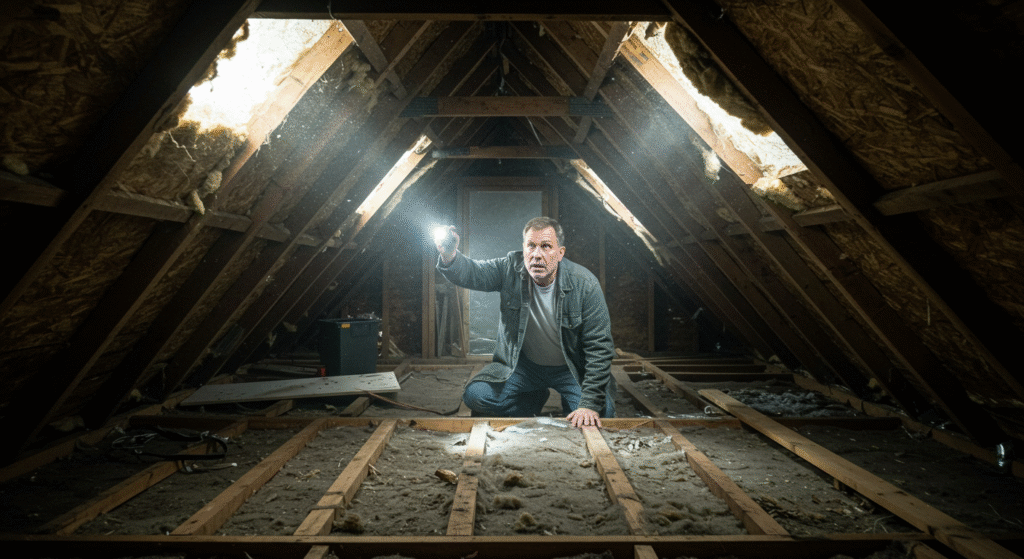 Home energy inspector checking attic insulation for hidden air leaks