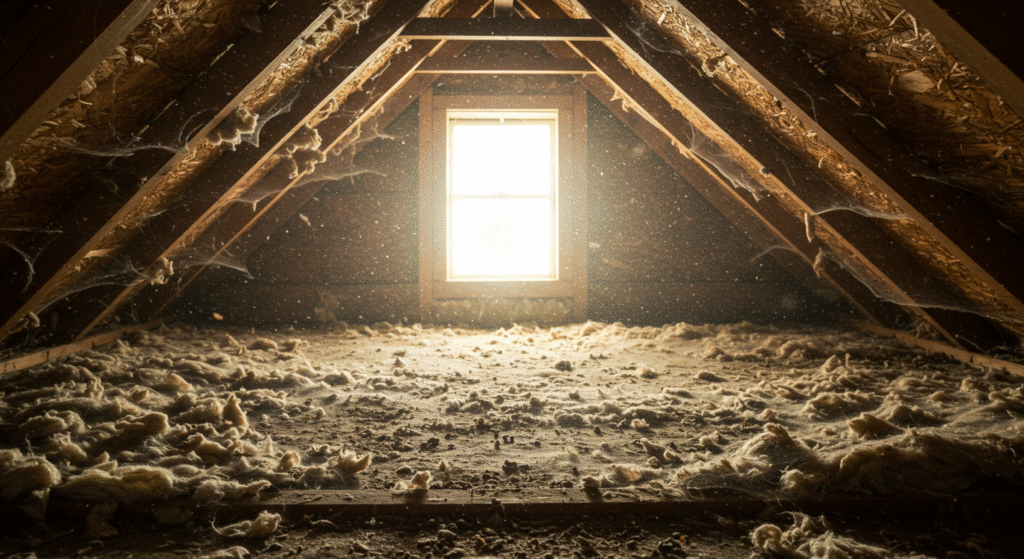 Dusty attic with scattered insulation, cobwebs, and a bright window, illustrating potential allergens affecting indoor air quality.
