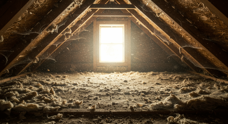 Old deteriorated attic insulation dusty and gross showing why attic making family sick in Phoenix Arizona home