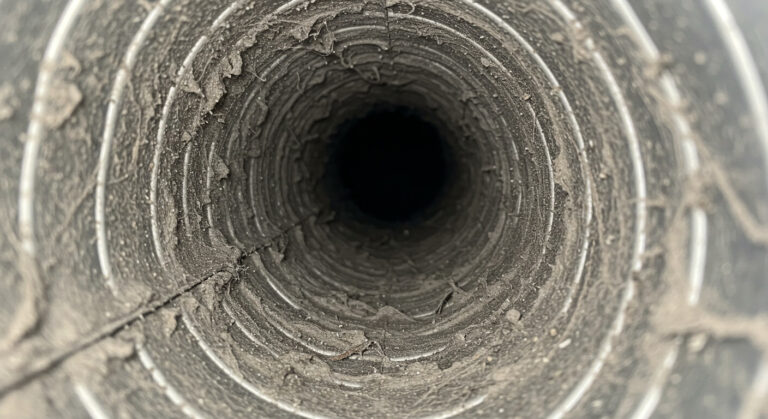 Interior of a dirty air duct filled with dust and debris before air duct cleaning