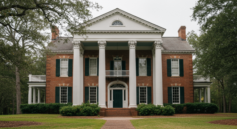 Southern-style brick home with white columns symbolizing the four pillars of home comfort and efficiency.