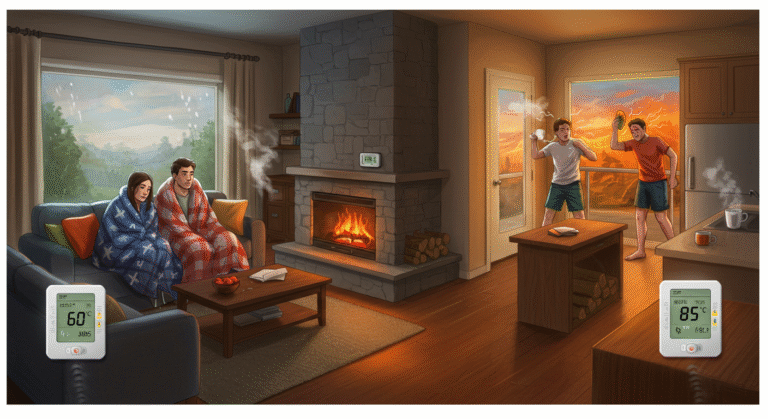Illustration showing the problem of hot and cold rooms in a house. On the left, a couple shivers under blankets in a 60-degree room, while on the right, two men are sweating in an 85-degree room.