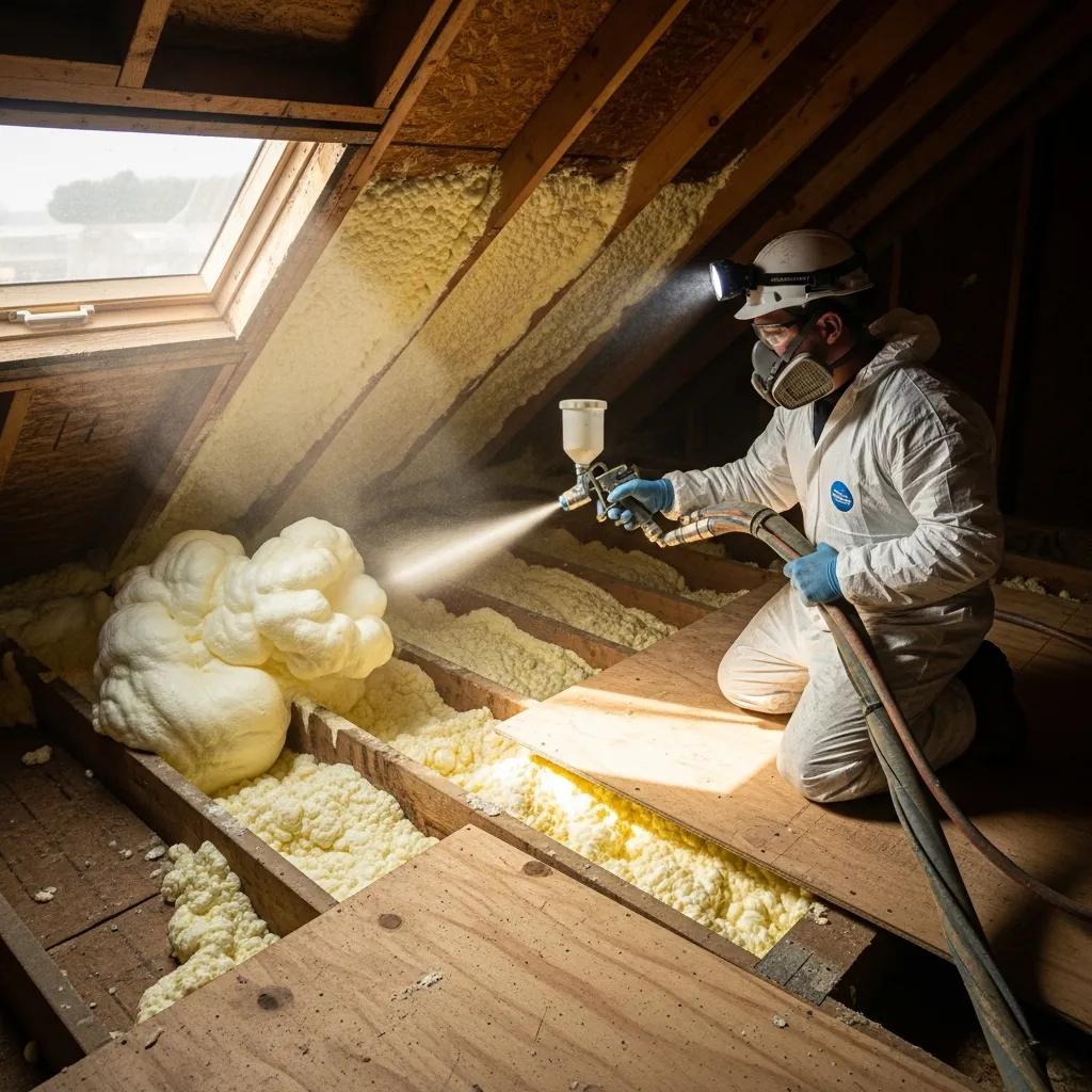 Contractor applying spray foam insulation in attic, enhancing energy efficiency and air sealing, with foam expanding to fill gaps.