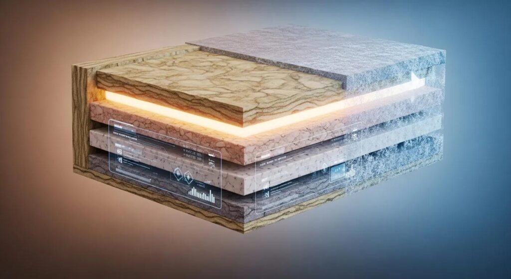 Energy-efficient insulation layers with digital overlay illustrating thermal performance, highlighting home improvement solutions for enhanced comfort and sustainability.