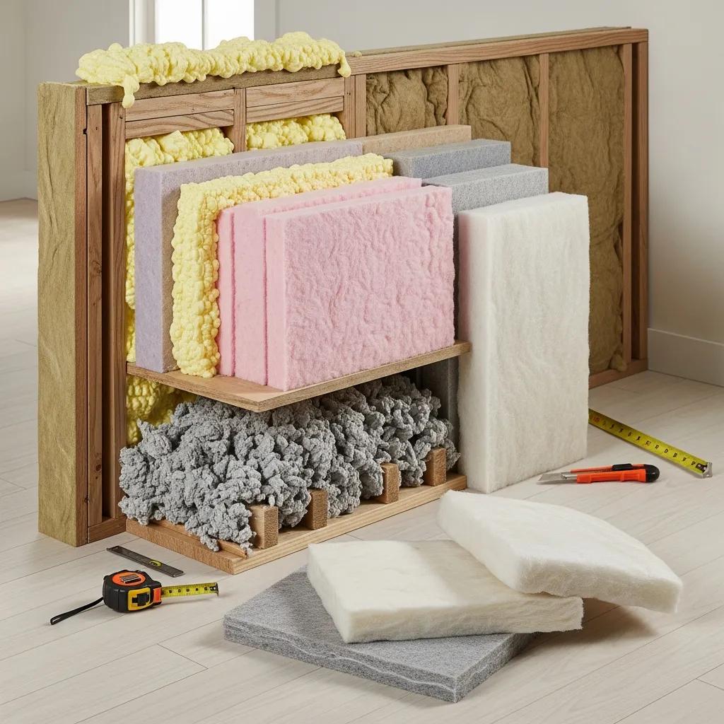 Display of various insulation materials, including pink, yellow, gray, and white insulation boards, showcasing textures and colors for energy-efficient home solutions, with measuring tools nearby.