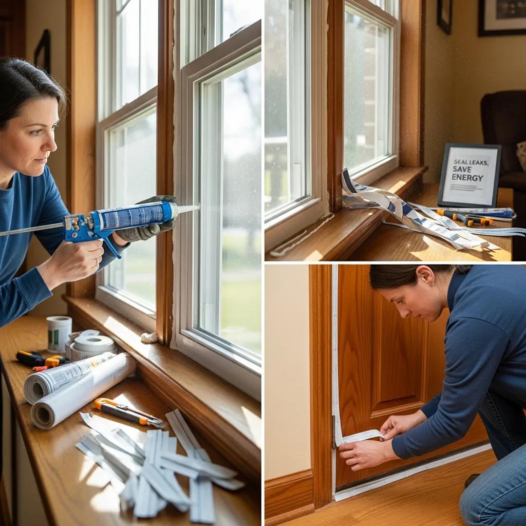 Woman applying caulk to seal air leaks around windows and doors, with tools and materials for energy-efficient insulation visible, emphasizing home energy savings and comfort.