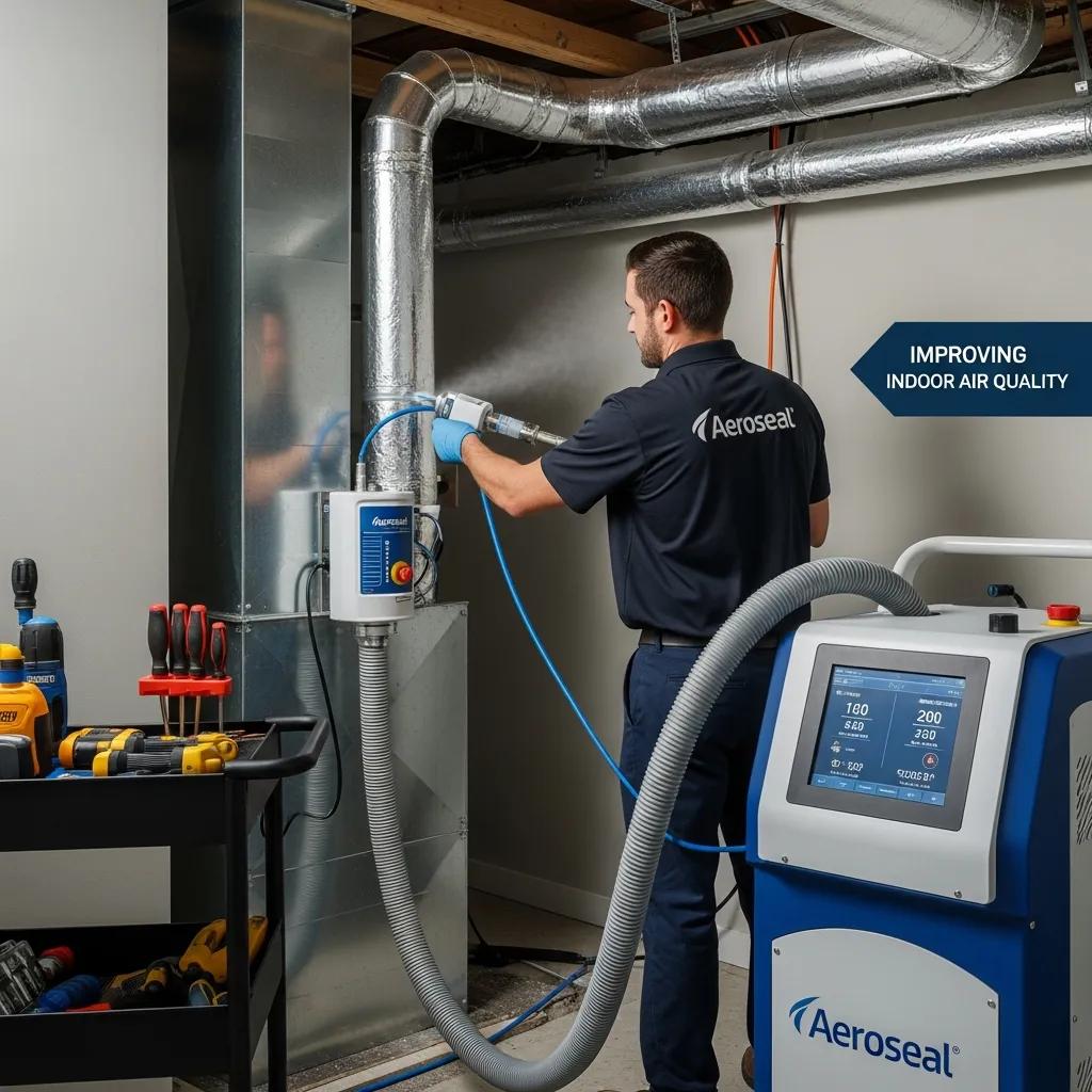 Technician using Aeroseal technology for duct sealing to enhance indoor air quality and energy efficiency, with tools and equipment visible in a residential setting.