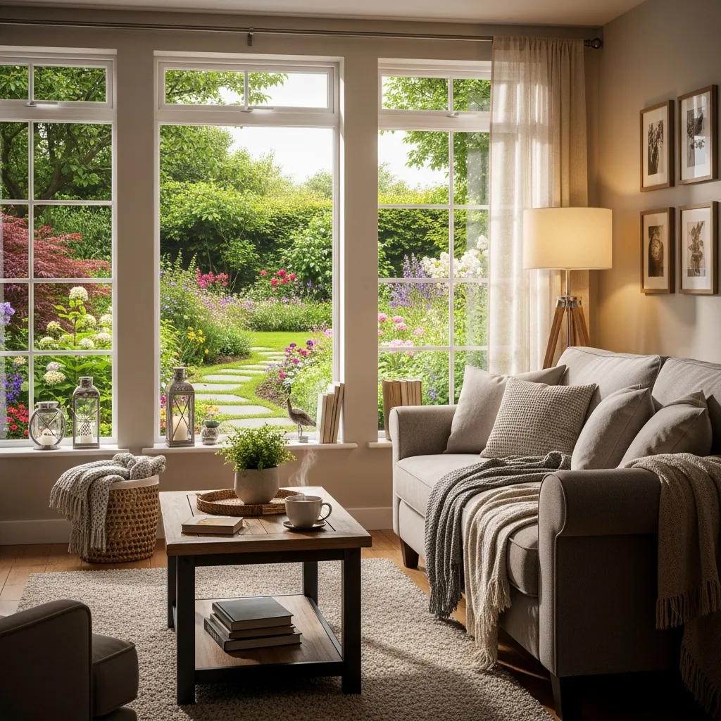 Cozy living room with energy-efficient windows enhancing home comfort