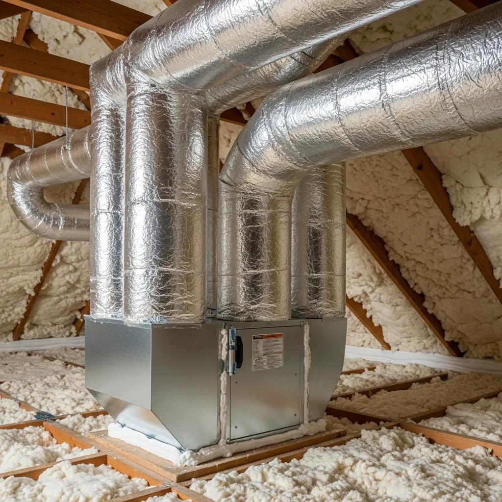 Efficient HVAC system with insulated ductwork in an attic, showcasing air sealing benefits for improved energy efficiency and indoor comfort.