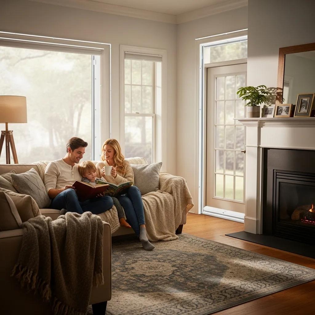 Family enjoying cozy indoor time reading together on a sofa, emphasizing home comfort and energy efficiency in a well-lit living room.