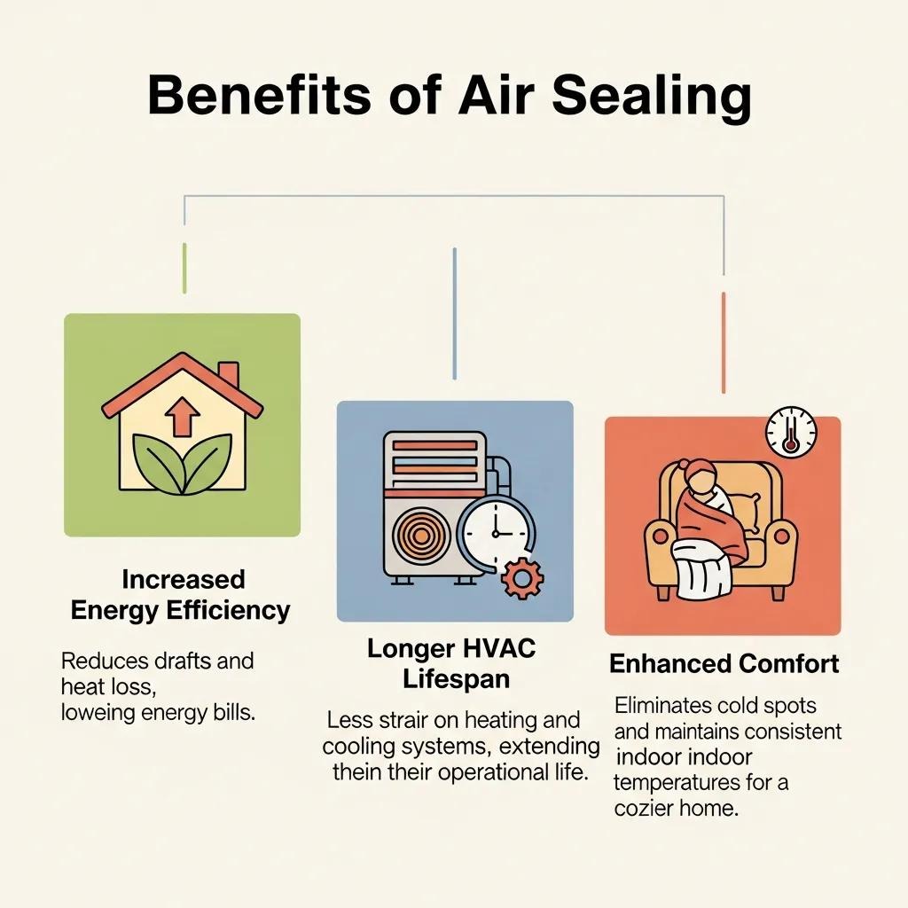 Benefits of air sealing infographic highlighting increased energy efficiency, longer HVAC lifespan, and enhanced comfort with corresponding icons and brief descriptions.