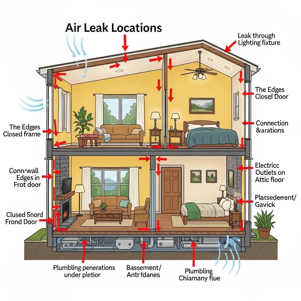 Illustration of air leak locations in a two-story home, highlighting common areas for air leaks such as windows, doors, and plumbing penetrations, emphasizing the importance of air sealing for energy efficiency and comfort.