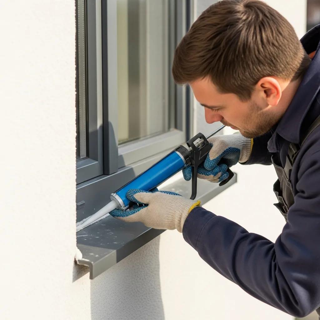 Technician applying sealant to window gaps for air sealing and improved energy efficiency in residential buildings.