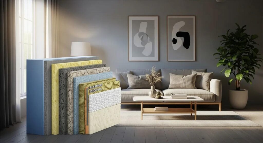 Assorted insulation materials displayed in a modern living room, emphasizing energy efficiency and comfort for attic insulation, with a cozy sofa and decorative elements in the background.