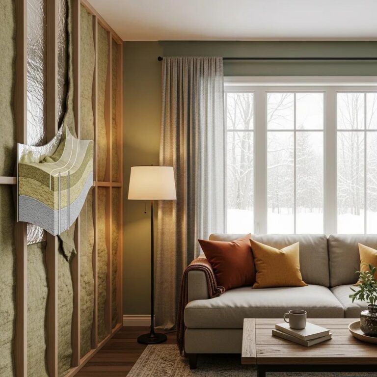 Cozy living room showing insulation materials and a warm, energy-efficient atmosphere